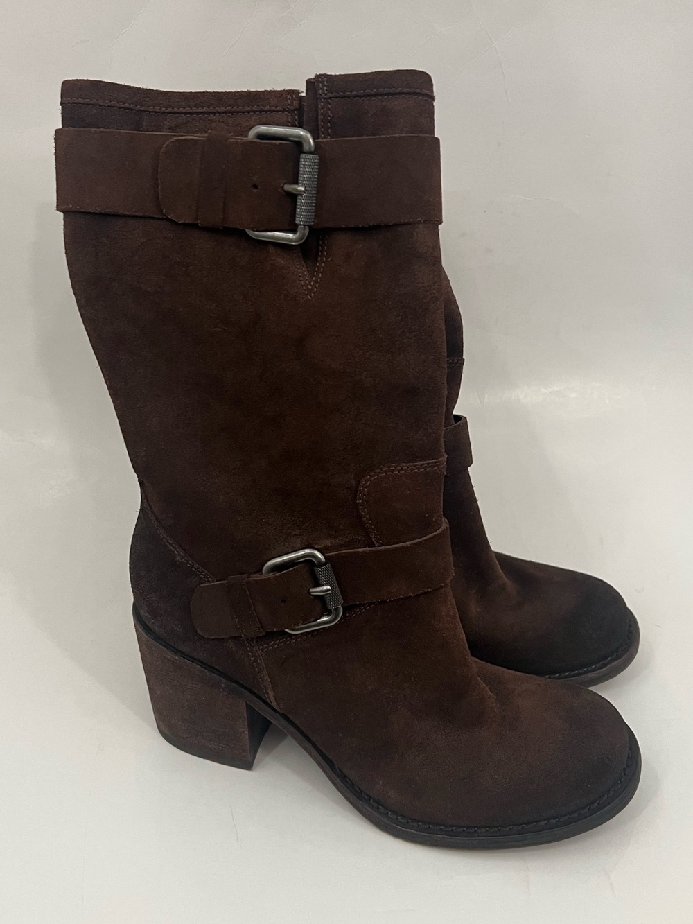 Vera Wang Lavender Label Brown Suede Mid-Calf Buckle Heeled Boots